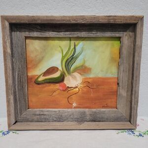 Original Still Life Painting Avacado Garlic Onion Signed Framed Rustic Kitchen